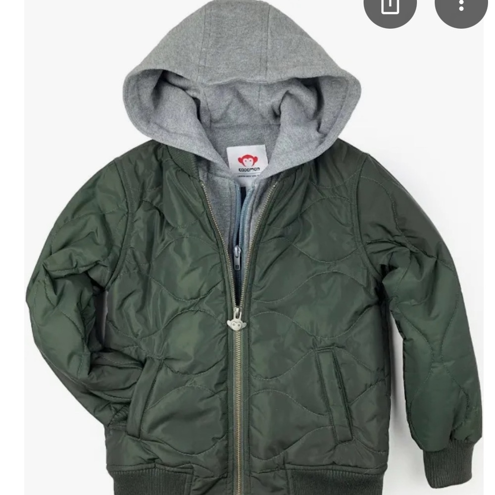 Green Quilted Jacket with Gray Hood